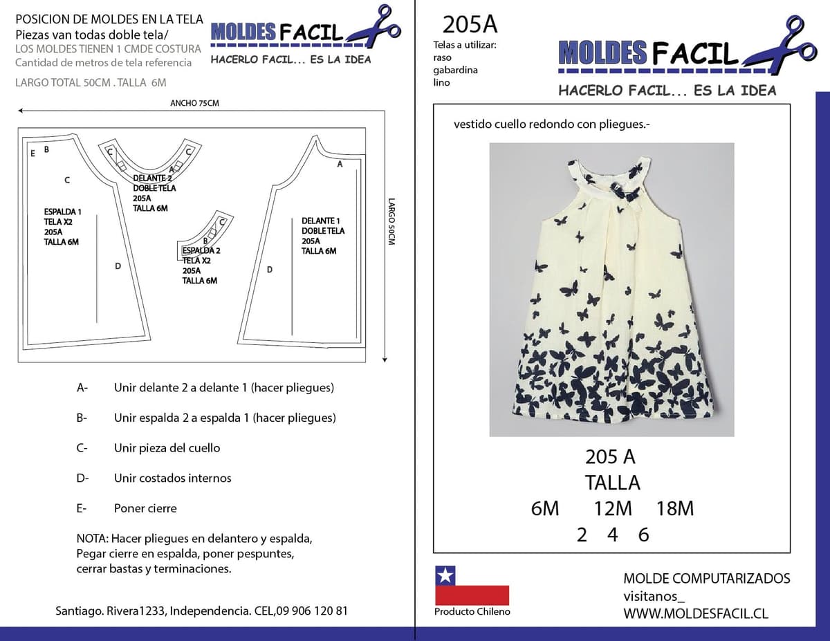 Patrón de costura Vestido cuello redondo con pliegues — Moldes Fácil