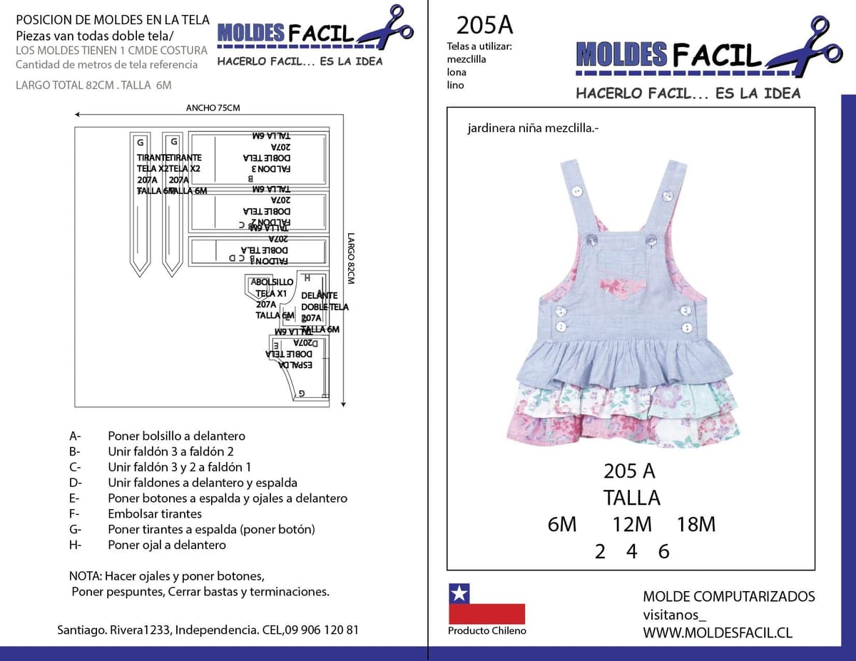 Patrón de costura Jardinera niña mezclilla — Moldes Fácil