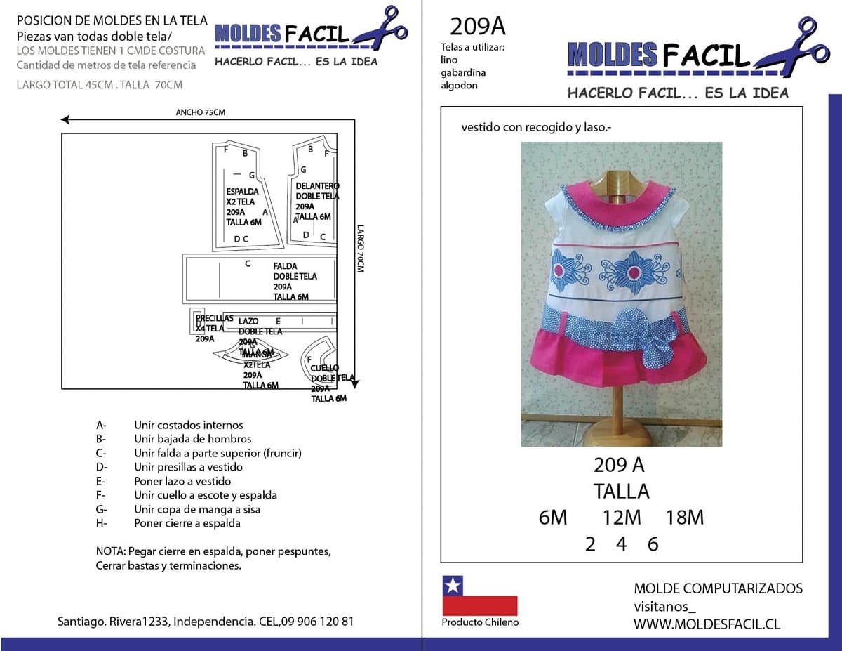 Patrón de costura Vestido con recogido y laso — Moldes Fácil