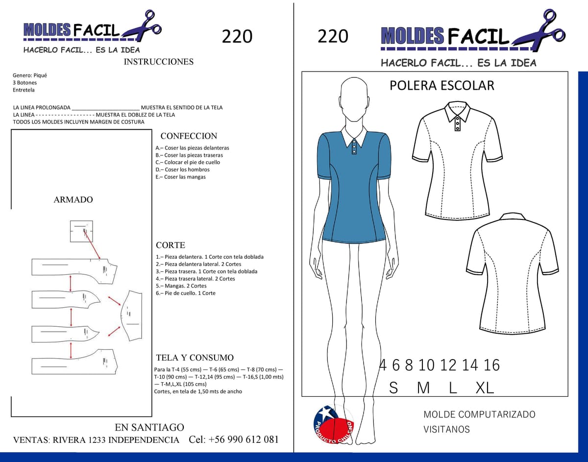 Patrón de costura POLERA DE PIQUE CON CORTES — Moldes Fácil