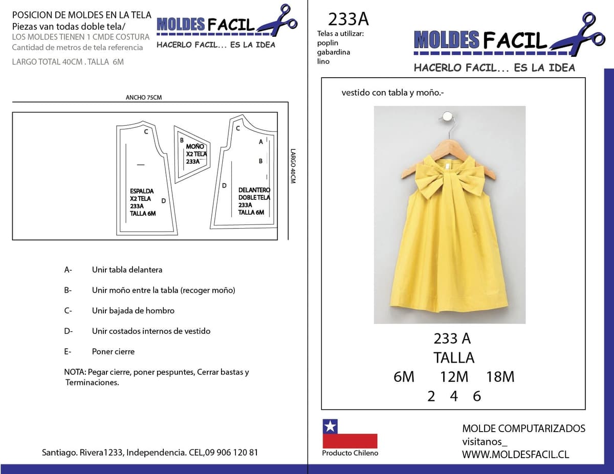 Patrón de costura Vestido con tabla y moño — Moldes Fácil