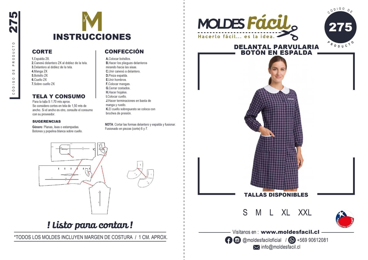 Patrón de costura Delantal Parvularia Botón Espalda — Moldes Fácil