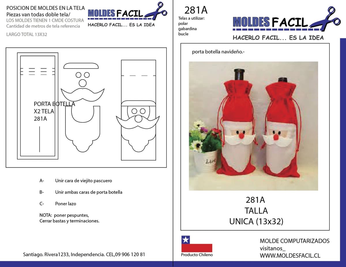 Patrón de costura Porta botella navideño — Moldes Fácil