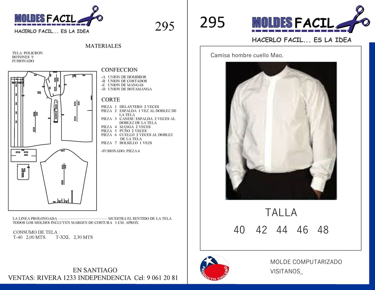 Patrón de costura CAMISA DE HOMBRE CUELLO MAO — Moldes Fácil