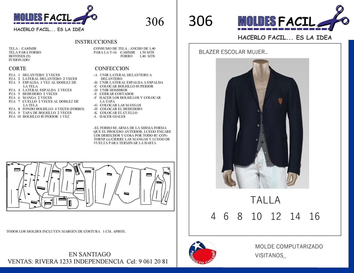 Patrón de costura Blazer escolar mujer — Moldes Fácil