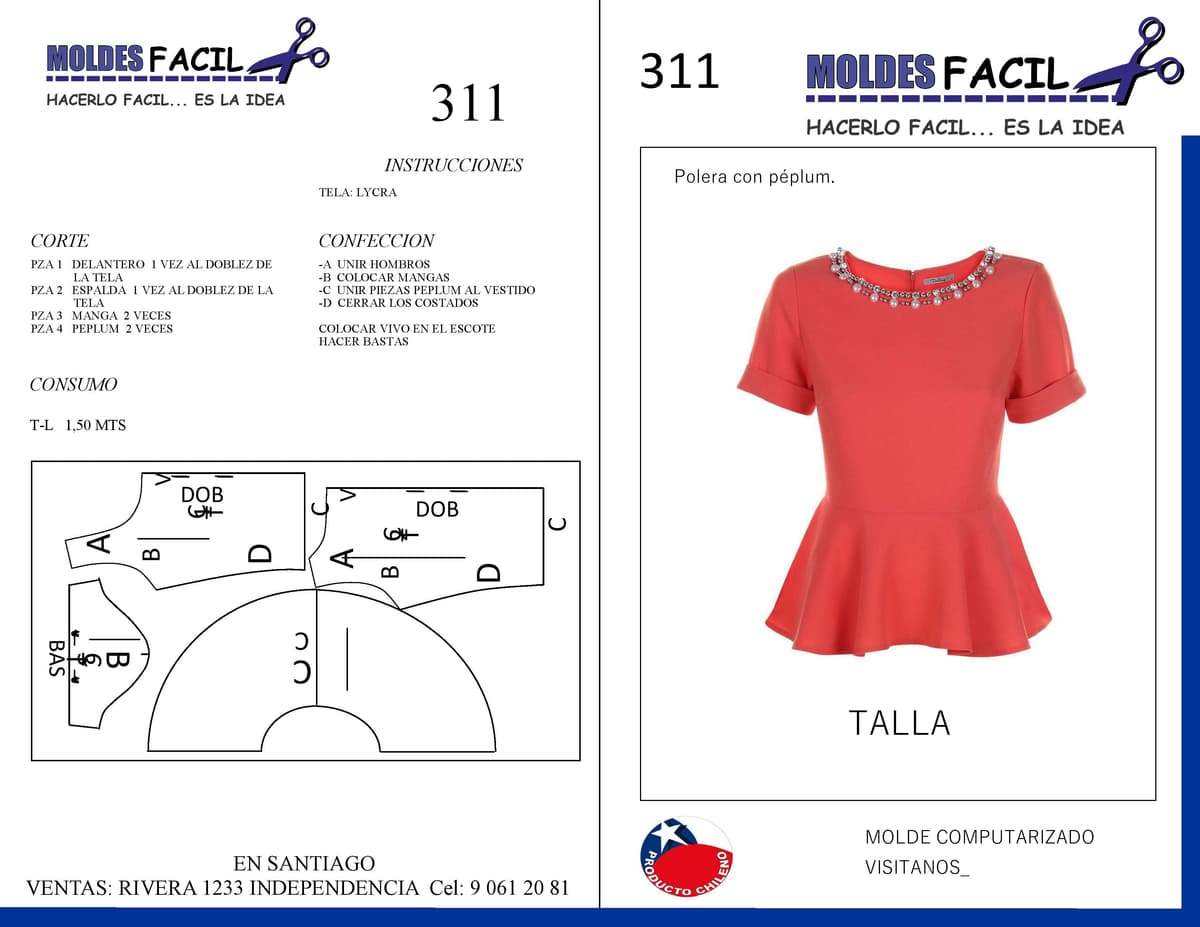 Patrón de costura POLERA CON PEPLUM — Moldes Fácil