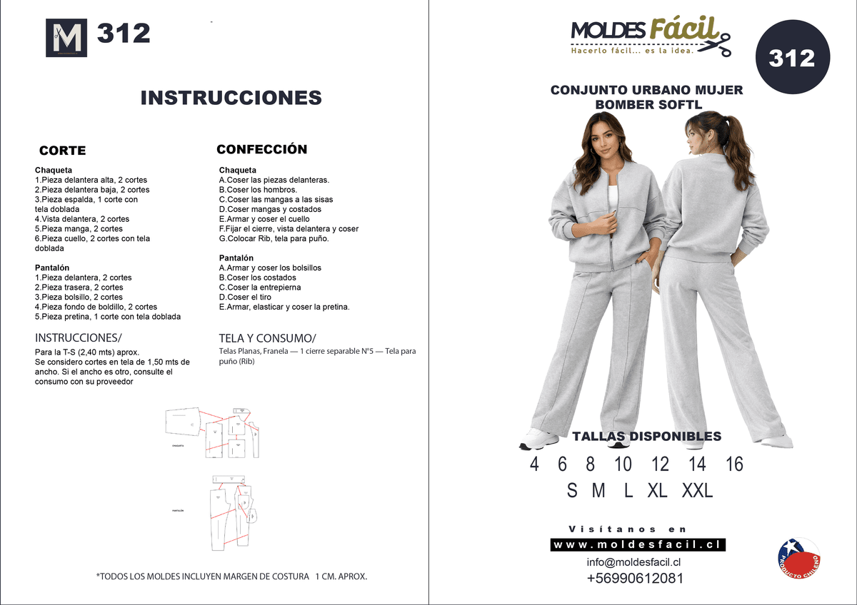Patrón de costura Conjunto urbano mujer Bomber softl — Moldes Fácil