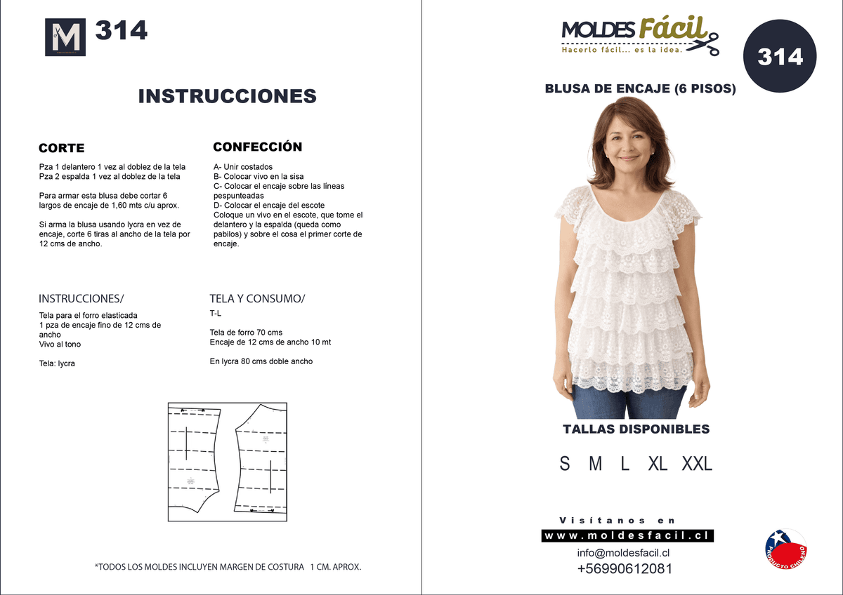Patrón de costura BLUSA DE ENCAJE 6 PISOS — Moldes Fácil