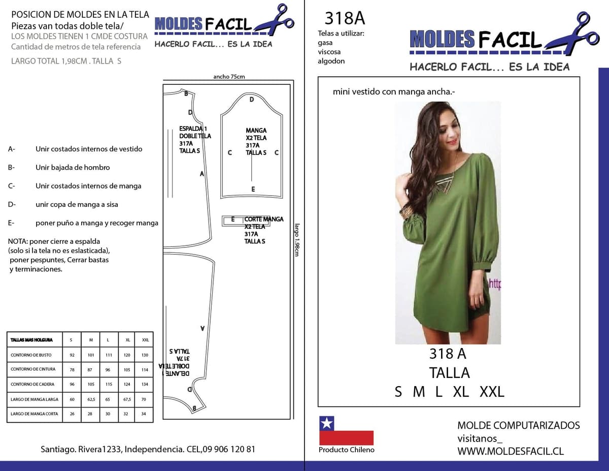 Patrón de costura Mini Vestido con Manga Ancha — Moldes Fácil