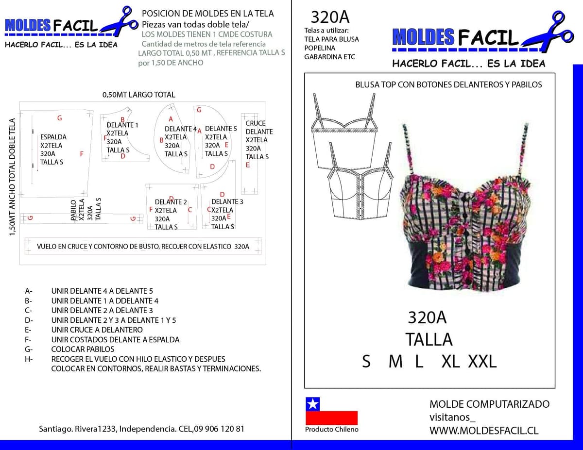 Patrón de costura BLUSA TOP CON BOTONES DELANTEROS Y PABILOS — Moldes Fácil