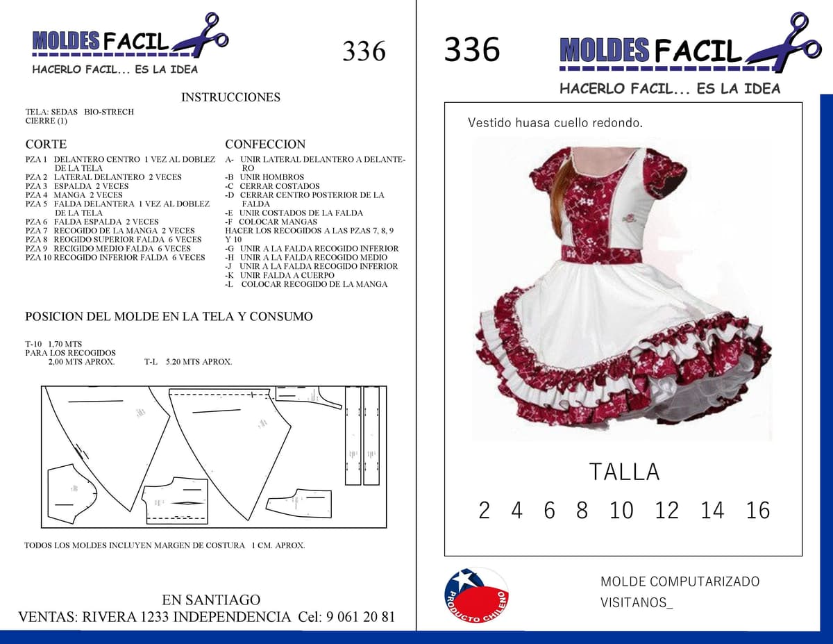 Patrón de costura Vestido de Huasa Cuello Redondo — Moldes Fácil