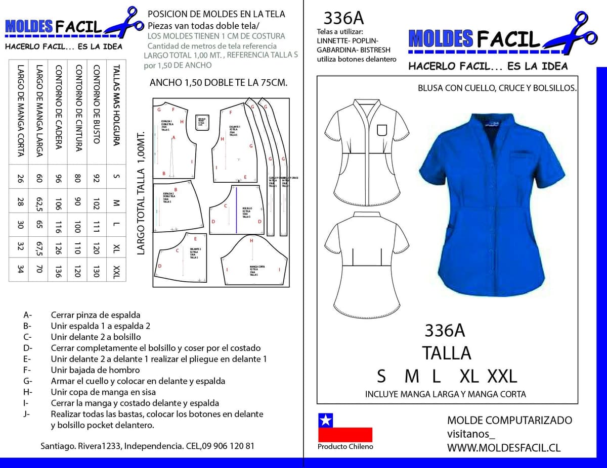 Patrón de costura Blusa con Cuello Cruza y Bolsillos — Moldes Fácil
