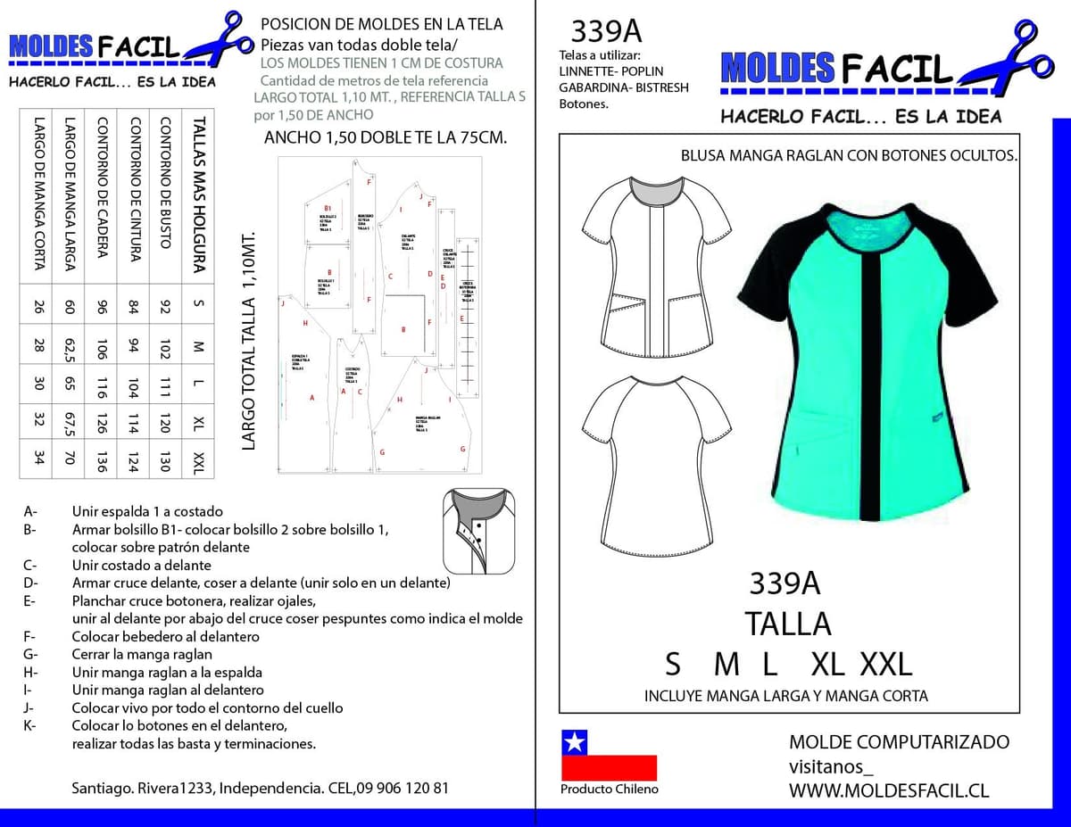 Patrón de costura Blusa Manga Raglan con Botones Ocultos (incluye manga larga y corta) — Moldes Fácil