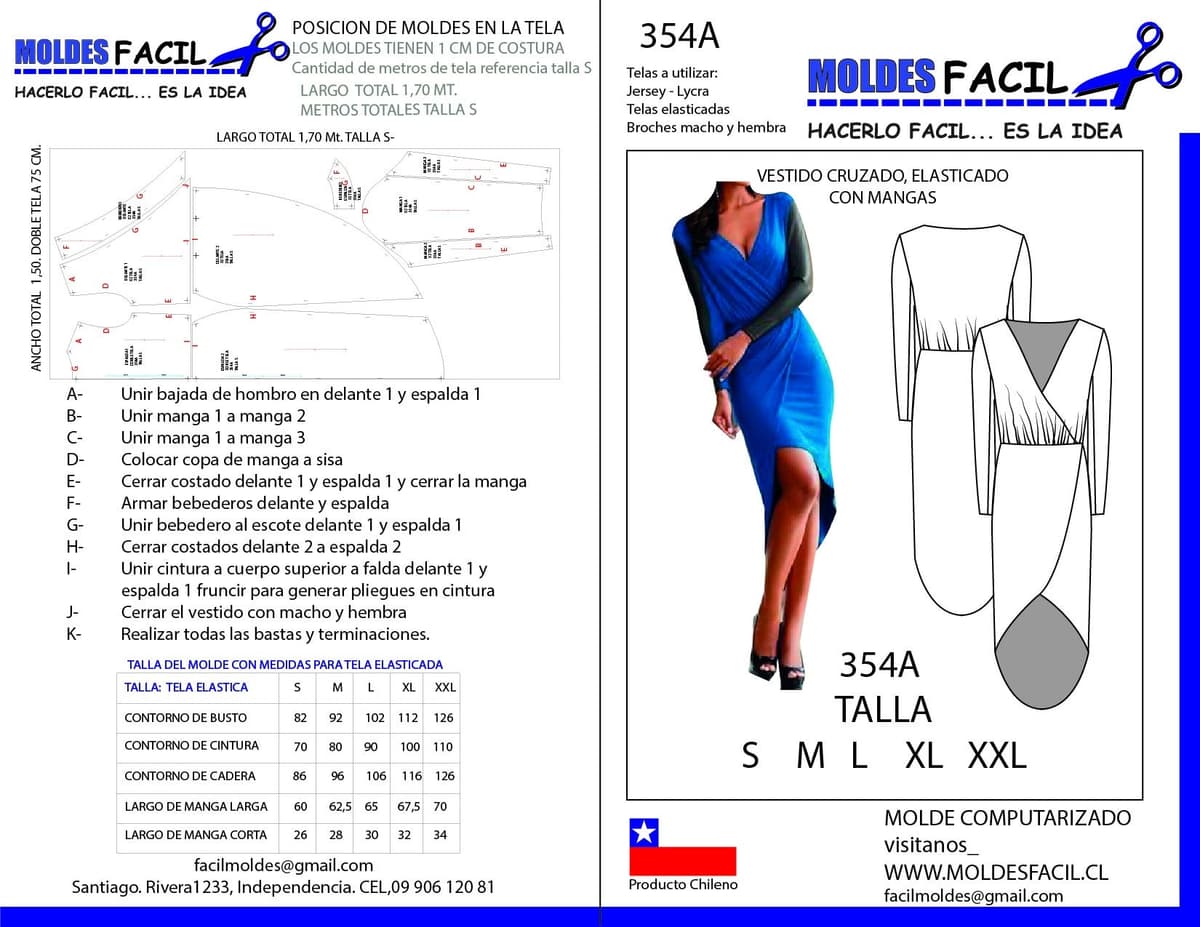 Patrón de costura Vestido Cruzado Elasticado con Mangas — Moldes Fácil
