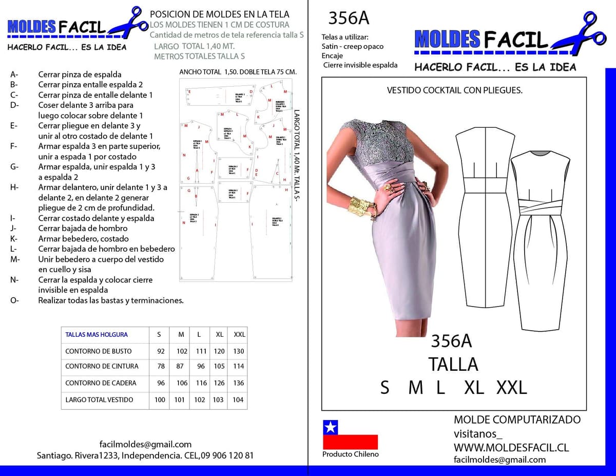 Patrón de costura Vestido Cocktail con Pliegues — Moldes Fácil
