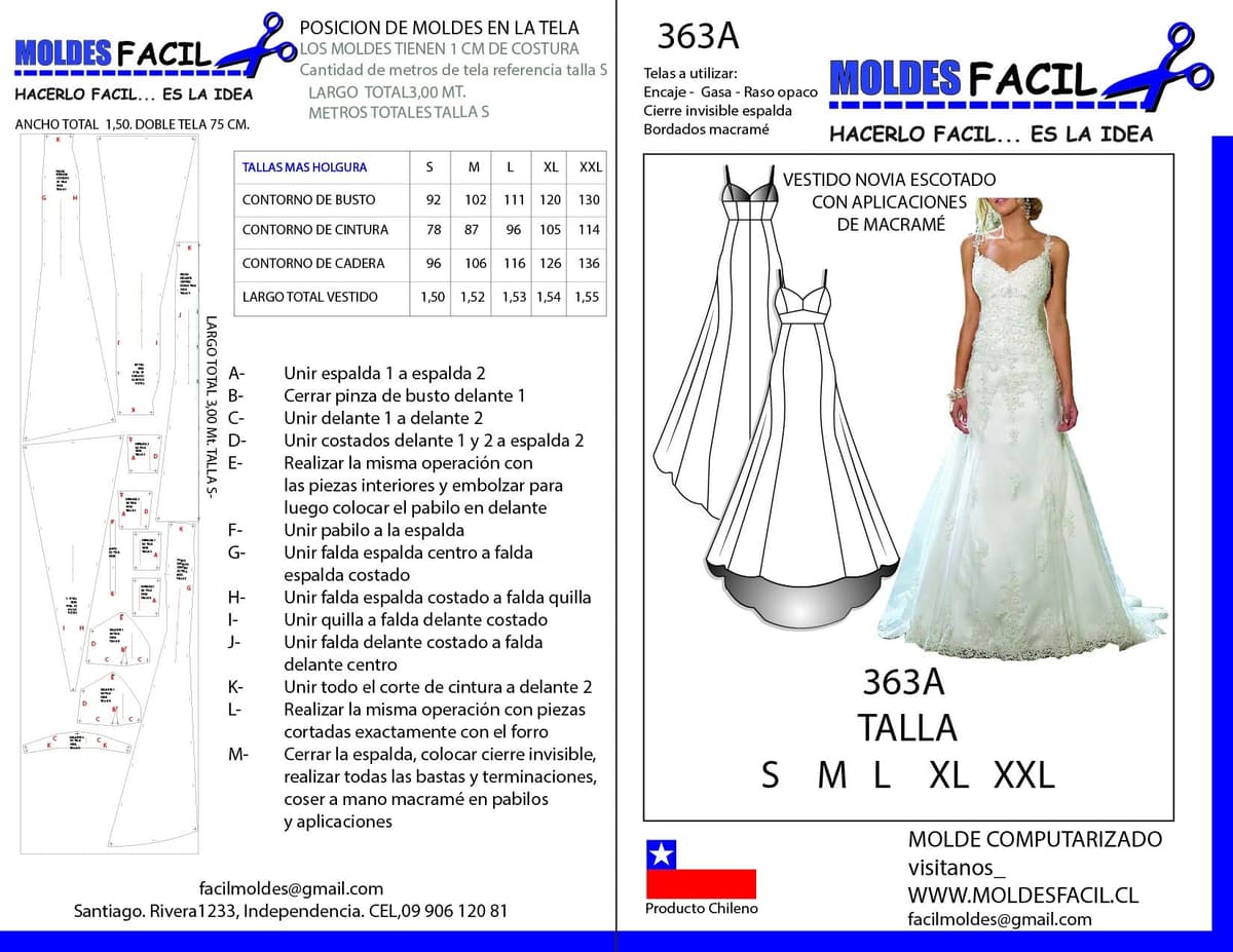 Patrón de costura Vestido de novia escotado con aplicaciones de macramé — Moldes Fácil