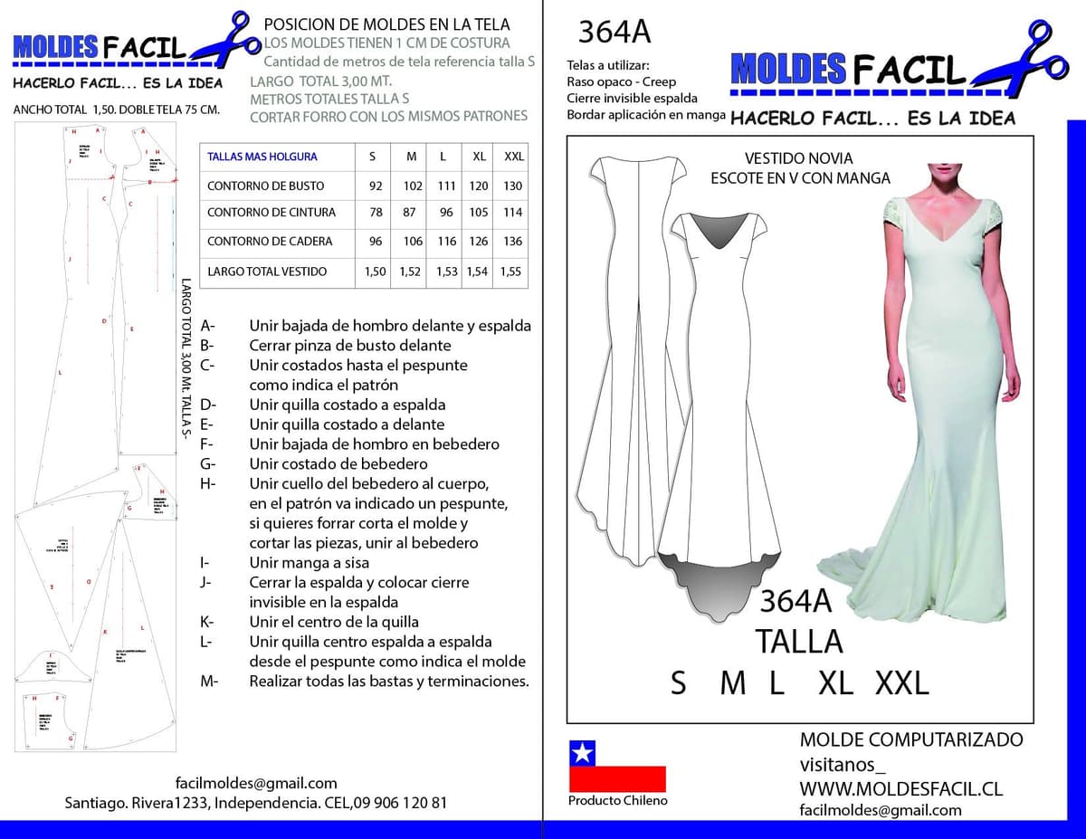 Patrón de costura Vestido de novia escote en V con manga — Moldes Fácil