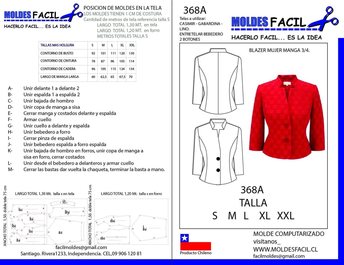 Patrón de costura BLAZER MUJER MANGA 3/4 — Moldes Fácil