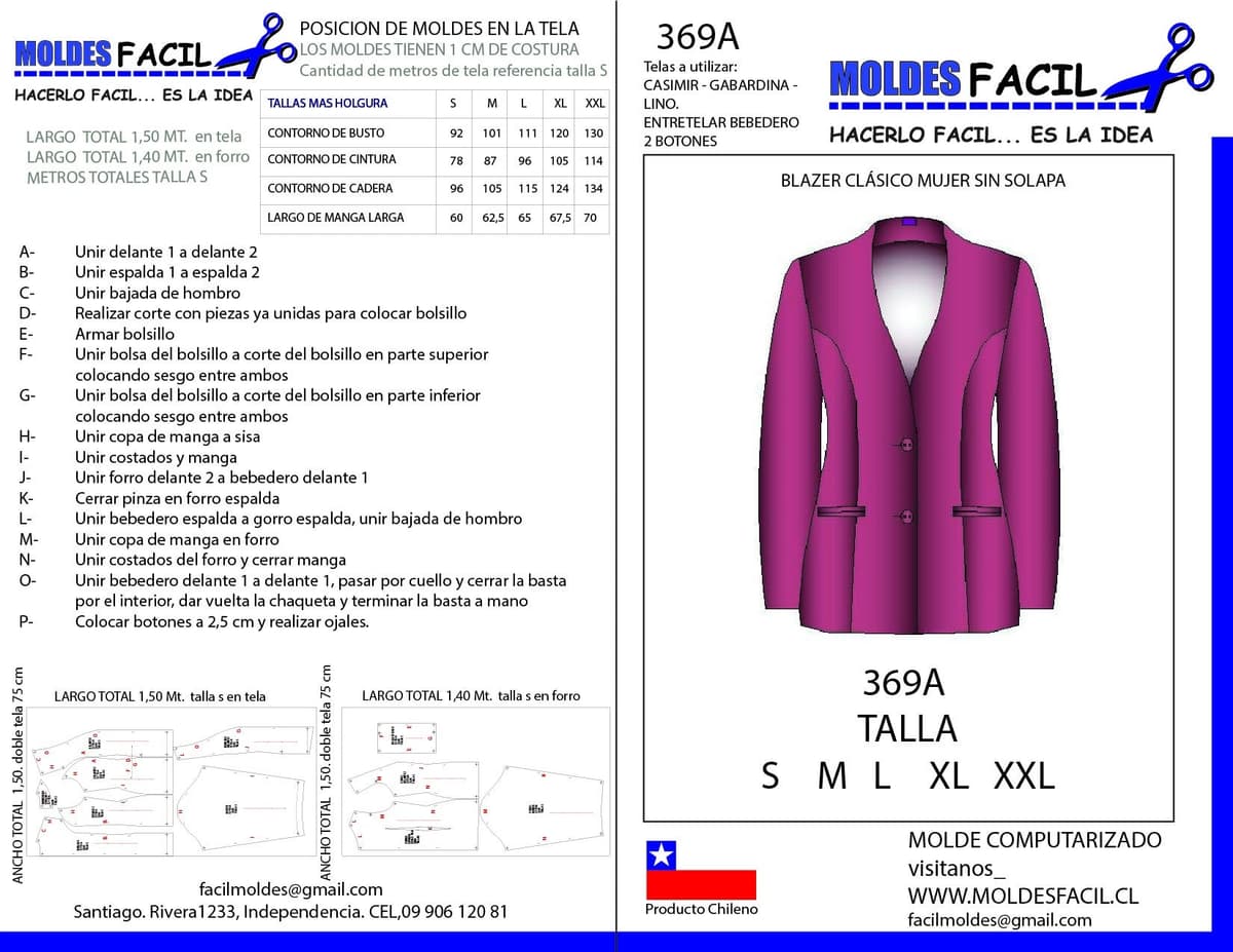 Patrón de costura BLAZER CLASICO MUJER SIN SOLAPA — Moldes Fácil