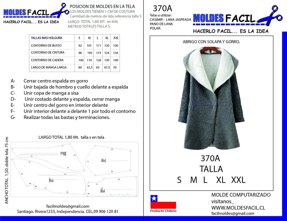 Patrón de costura ABRIGO CON SOLAPA Y GORRO — Moldes Fácil