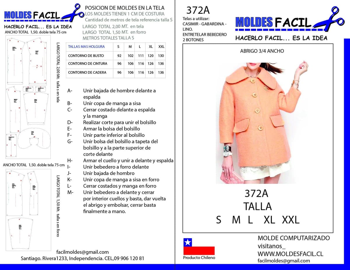 Patrón de costura ABRIGO 3/4 ANCHO — Moldes Fácil