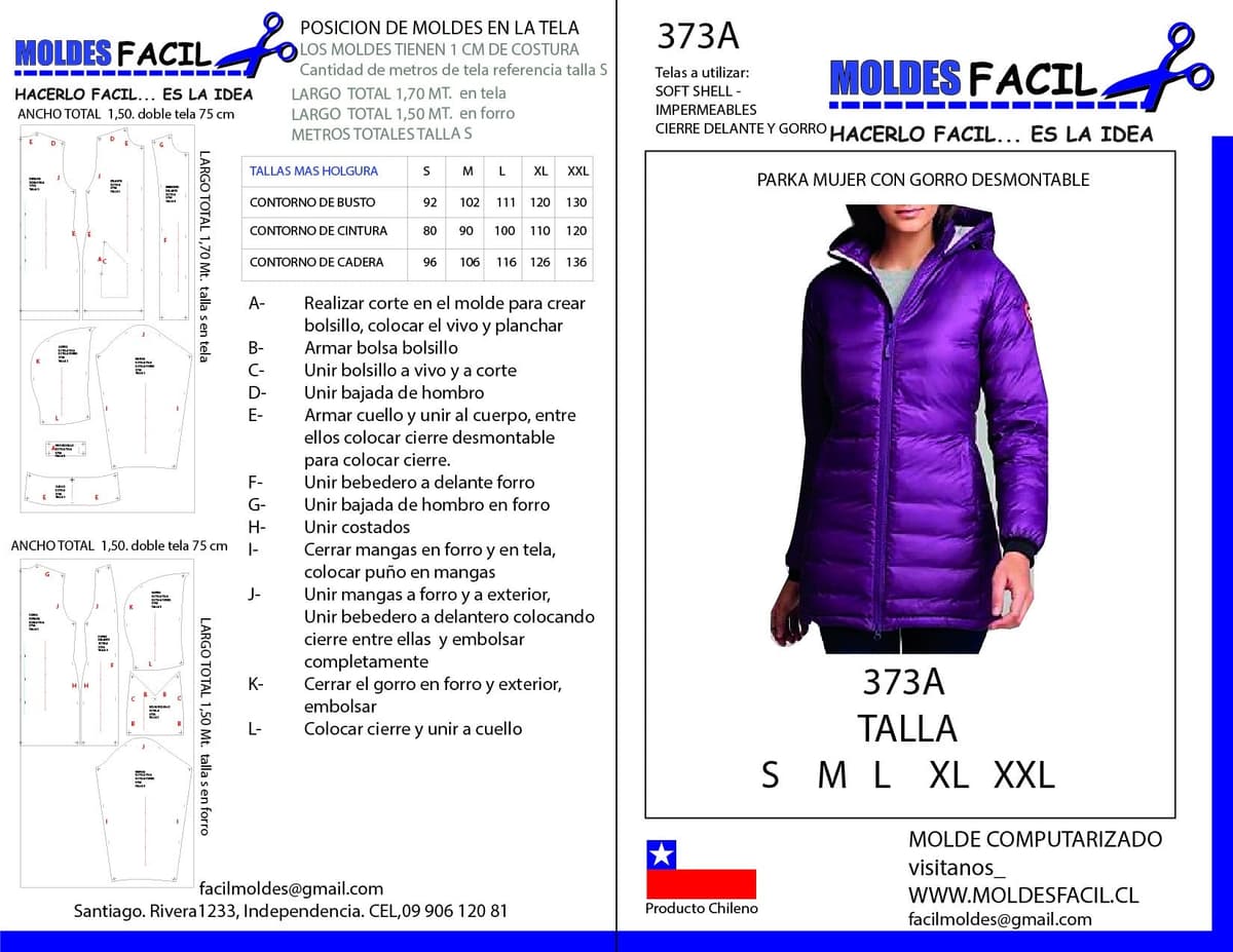 Patrón de costura PARKA MUJER CON GORRO DESMONTABLE — Moldes Fácil