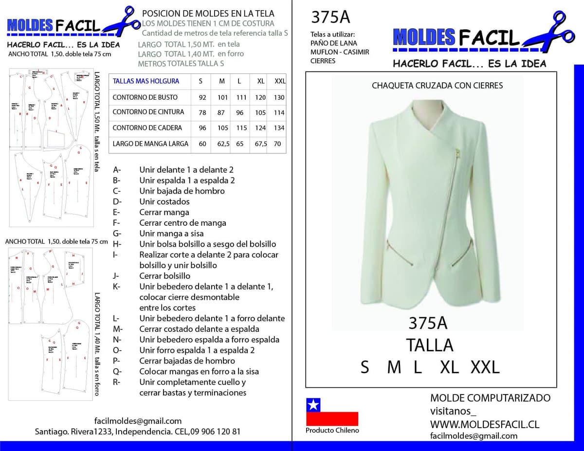 Patrón de costura CHAQUETA CRUZADA CON CIERRES — Moldes Fácil