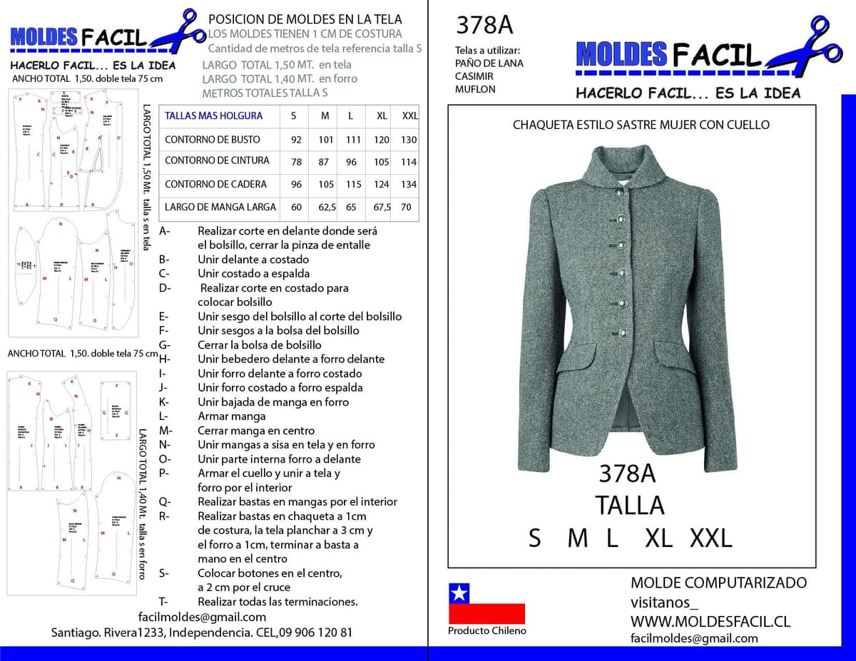 Patrón de costura CHAQUETA ESTILOSASTRE MUJER CON CUELLO — Moldes Fácil