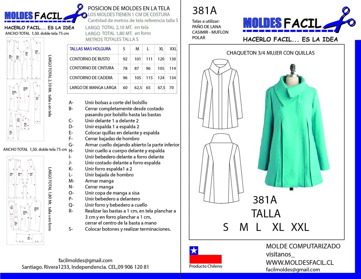 Patrón de costura CHAQUETON 3/4 MUJER CON QUILLAS — Moldes Fácil