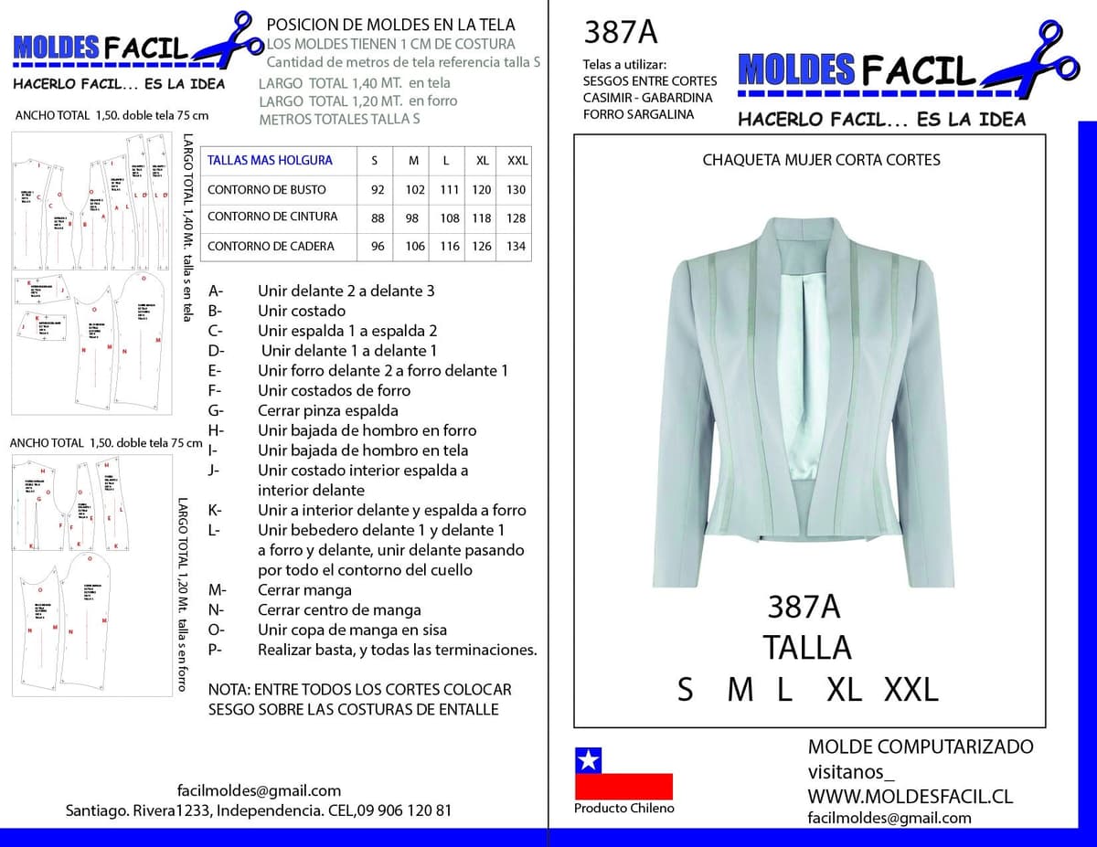 Patrón de costura CHAQUETAS MUJER CORTA CON CORTES — Moldes Fácil