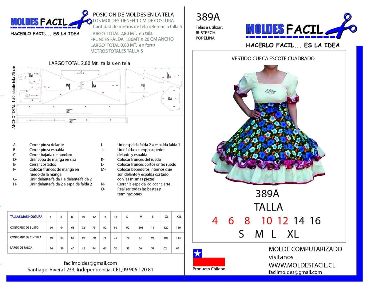 Patrón de costura Vestido de Cueca Escote Cuadrado — Moldes Fácil