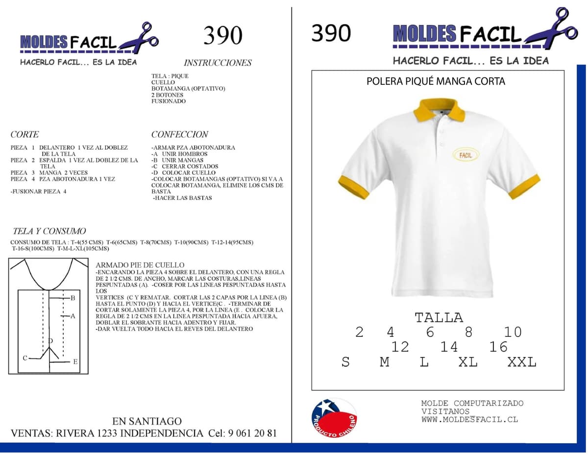 Patrón de costura Polera de piqué manga corta Unisex — Moldes Fácil