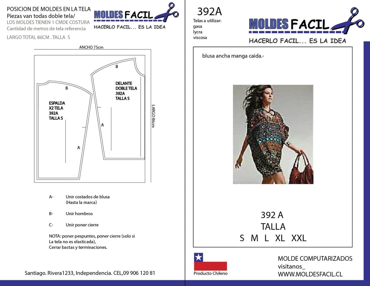 Patrón de costura BLUSA ANCHA MANGA CAIDA — Moldes Fácil