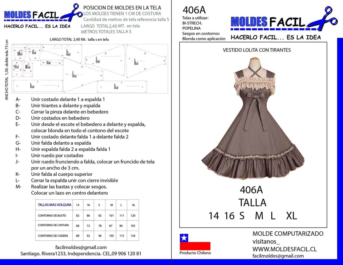 Patrón de costura Vestido Lolita con Tirantes — Moldes Fácil