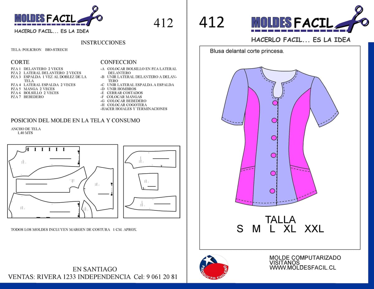 Patrón de costura Blusa Delantal Corte Princesa — Moldes Fácil