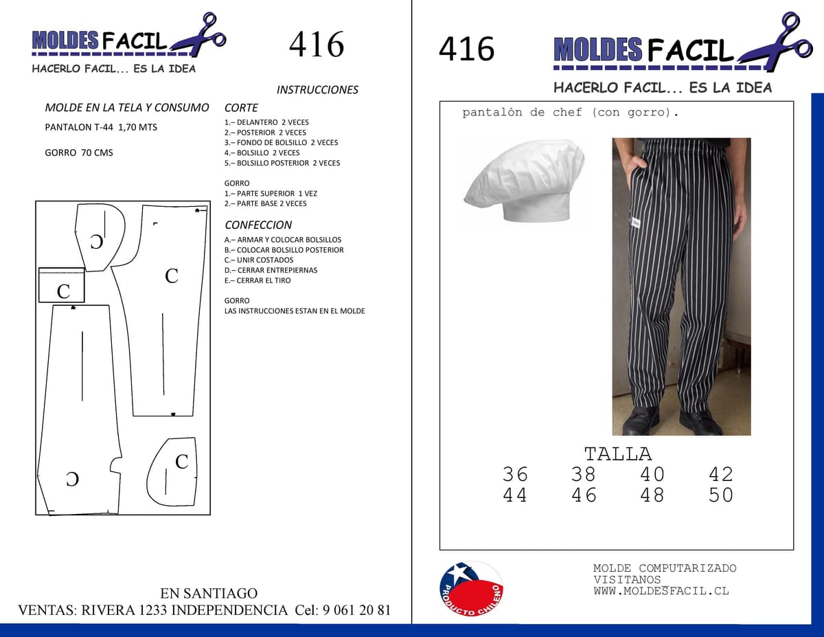 Patrón de costura Pantalón de Chef con Gorro — Moldes Fácil