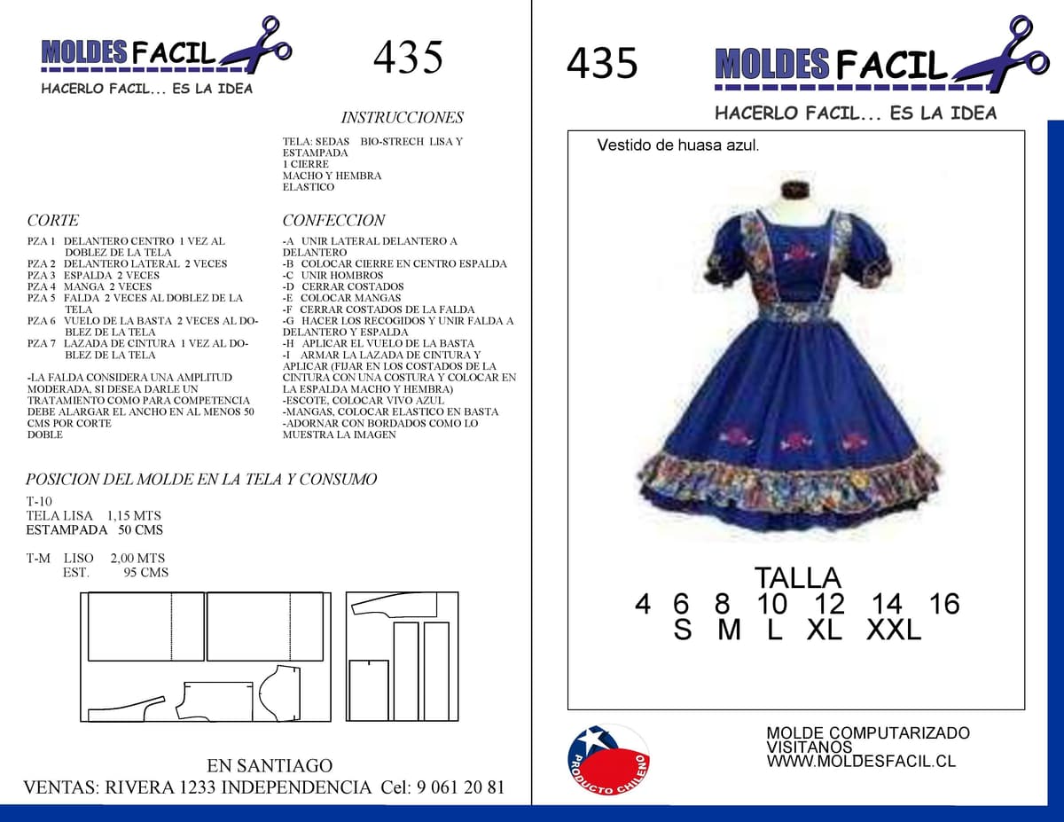 Patrón de costura Vestido de Huasa Azul — Moldes Fácil