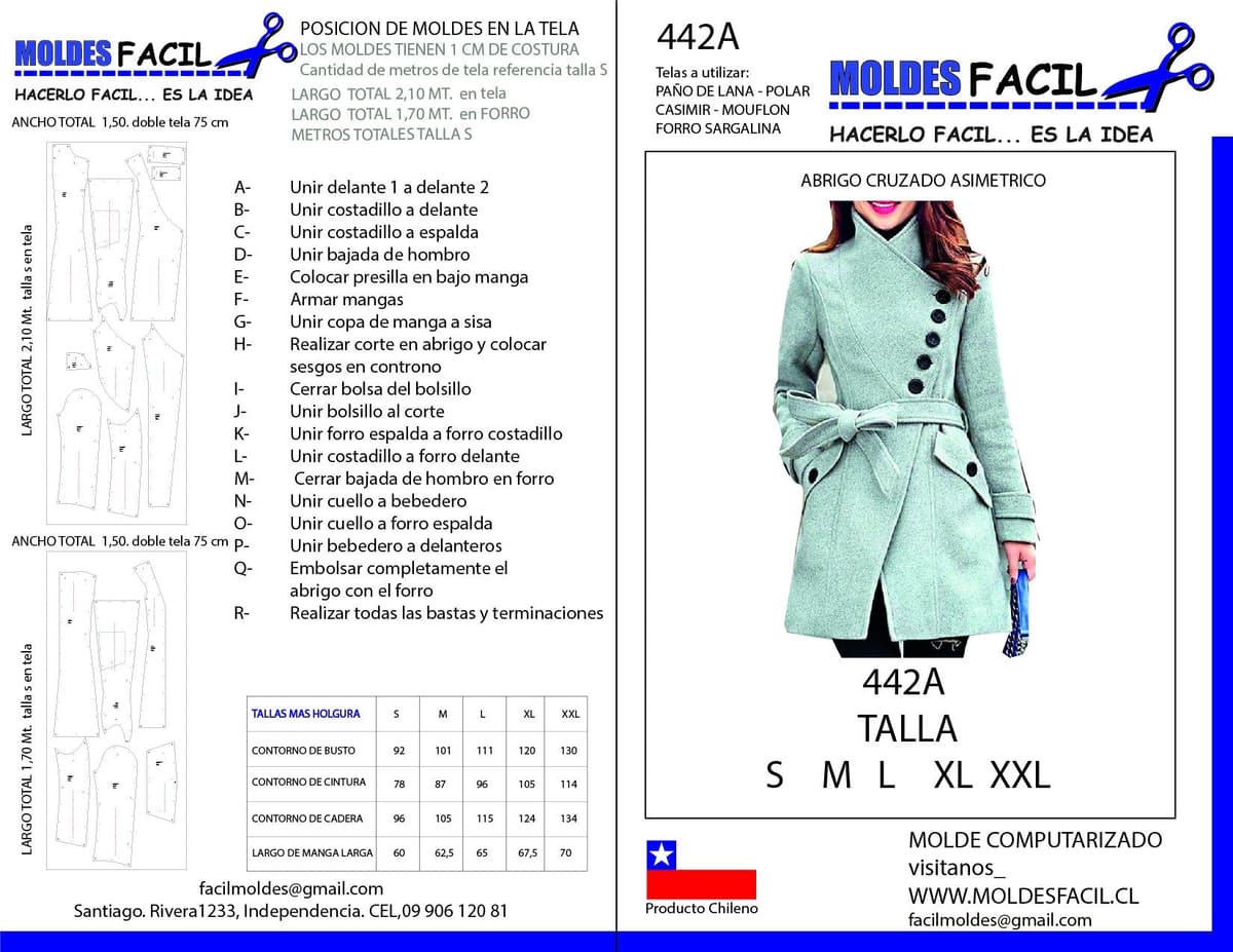 Patrón de costura ABRIGO CRUZADO ASIMETRICO — Moldes Fácil