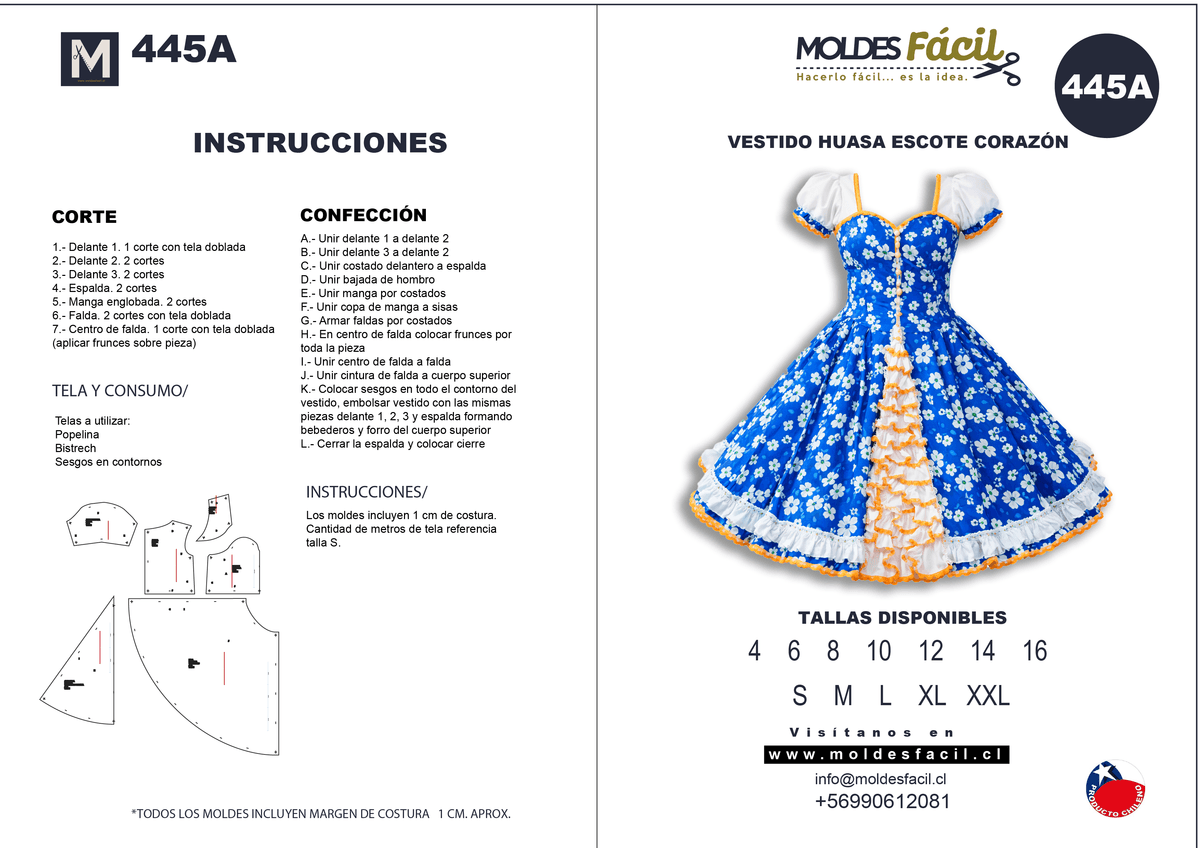 Patrón de costura Vestido de Huasa Escote Corazón — Moldes Fácil