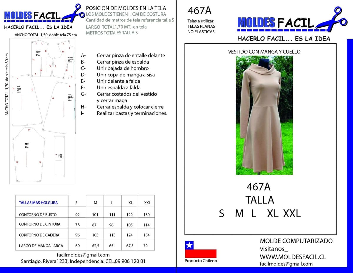 Patrón de costura Vestido Con Mangas Y Cuello — Moldes Fácil
