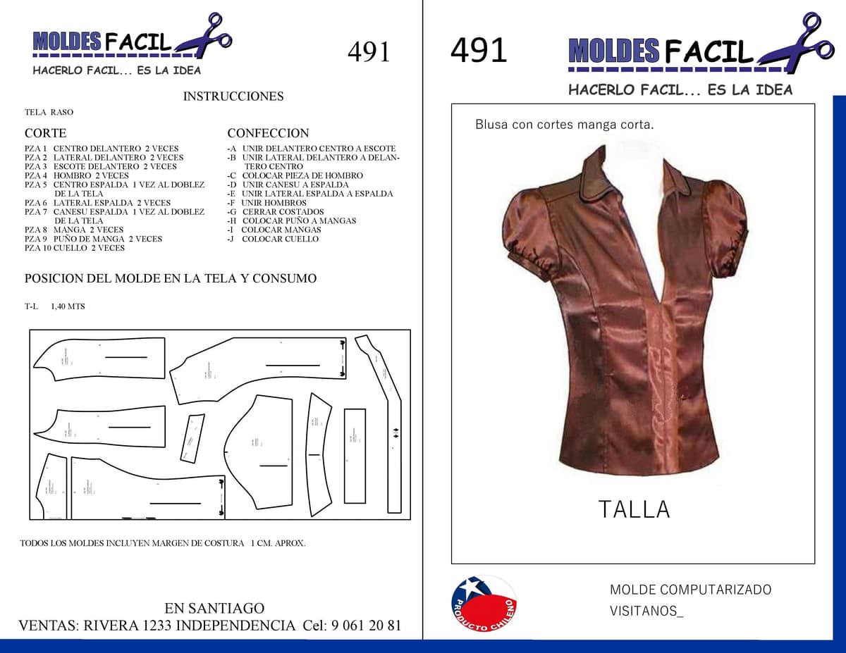 Patrón de costura BLUSA CON CORTES MANGA CORTA — Moldes Fácil