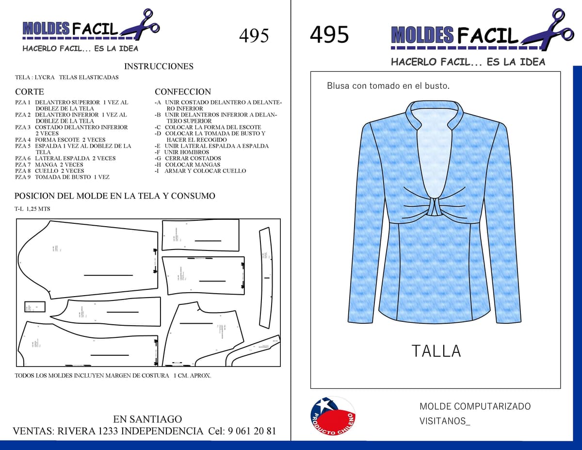 Patrón de costura BLUSA CON TOMADA EN EL BUSTO — Moldes Fácil