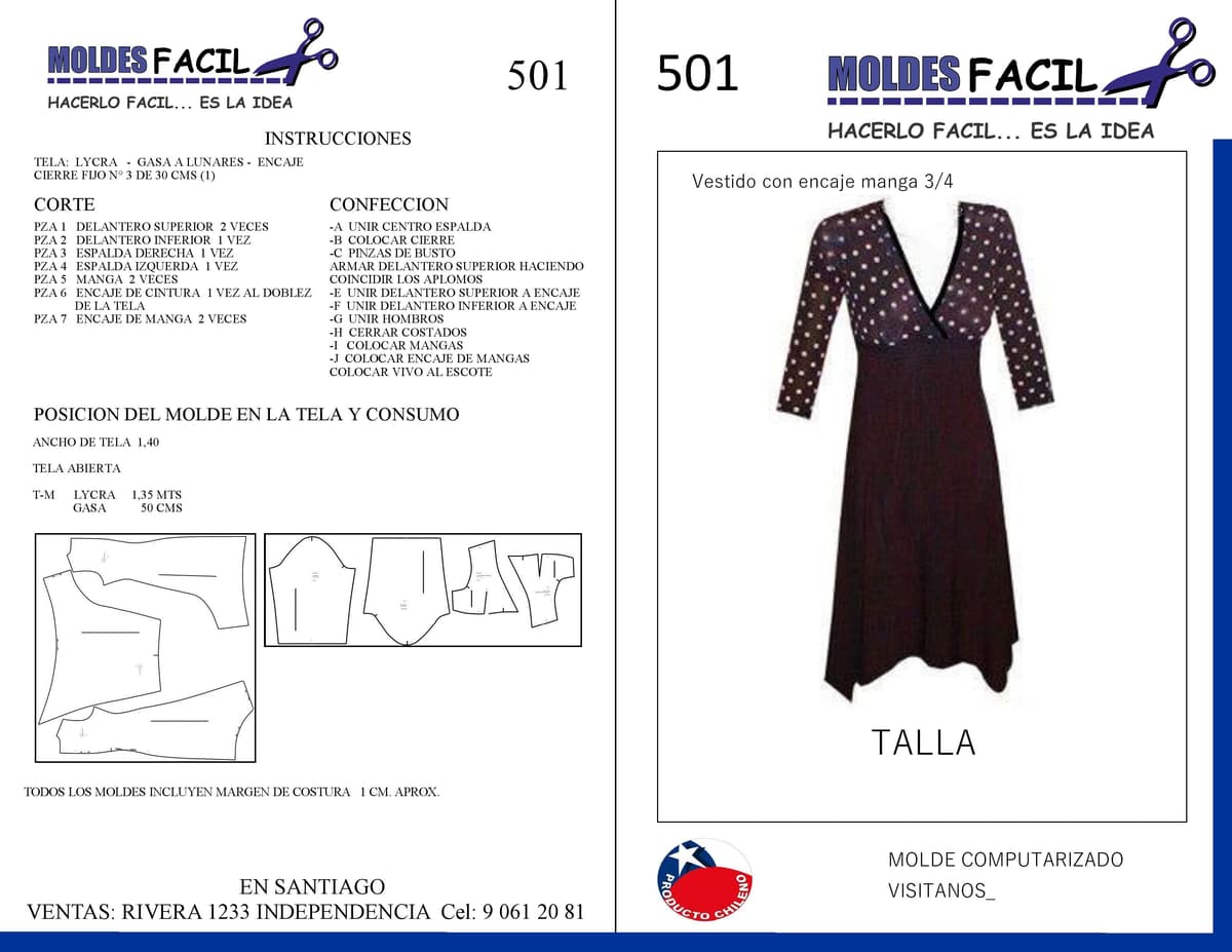 Patrón de costura Vestido Con Encaje Manga Tres Cuartos — Moldes Fácil
