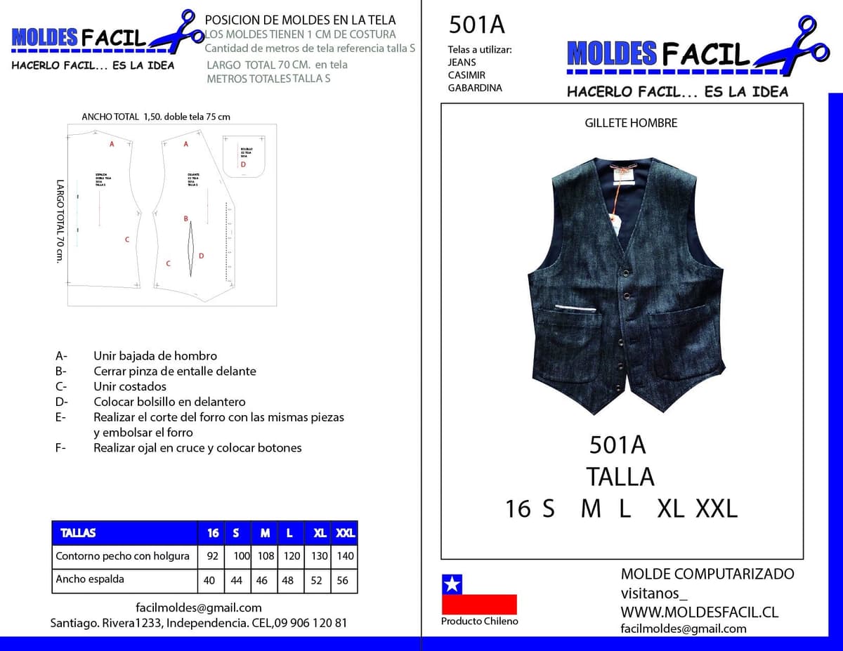 Patrón de costura GILLETE HOMBRE — Moldes Fácil