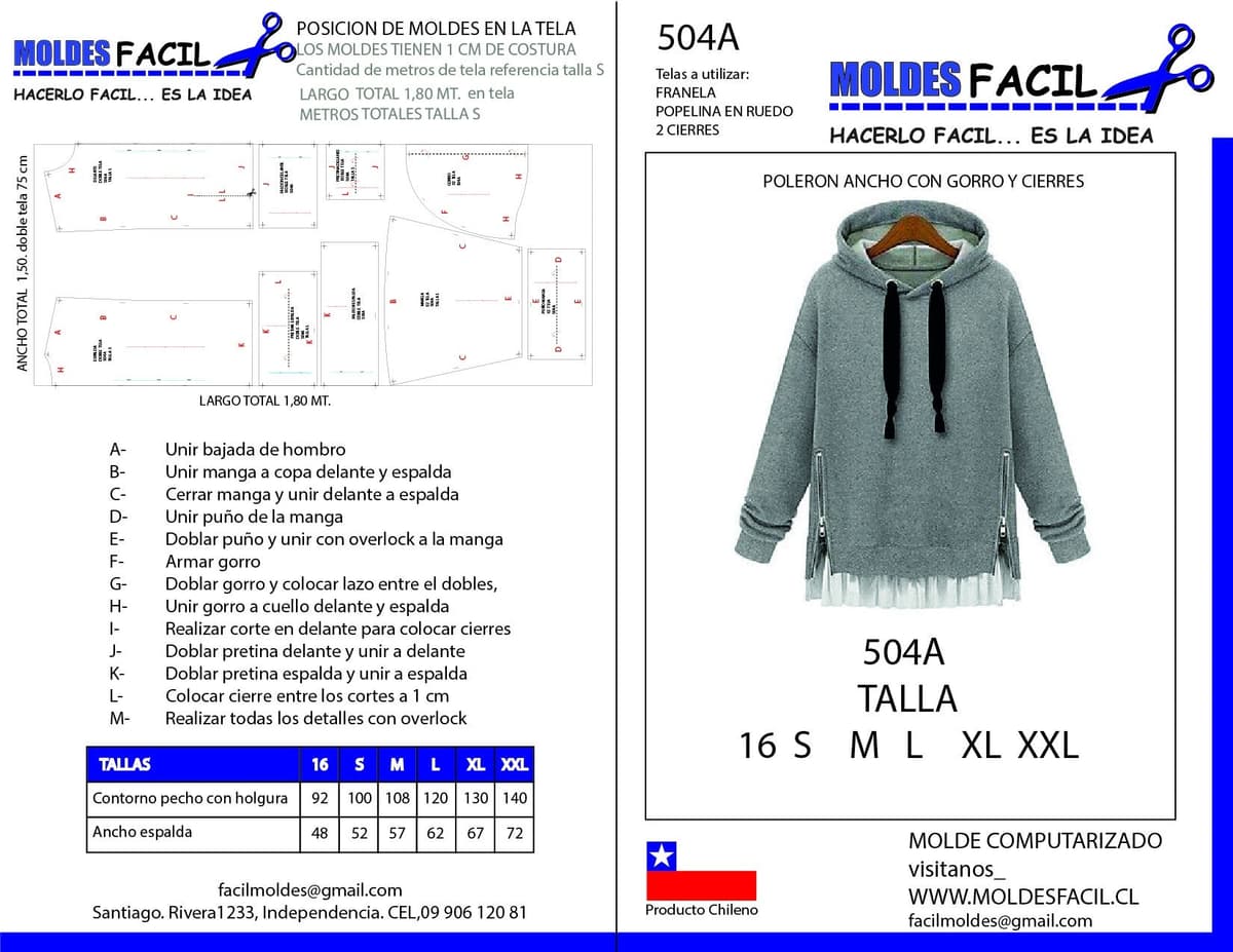 Patrón de costura POLERON ANCHO CON GORRO Y CIERRES — Moldes Fácil