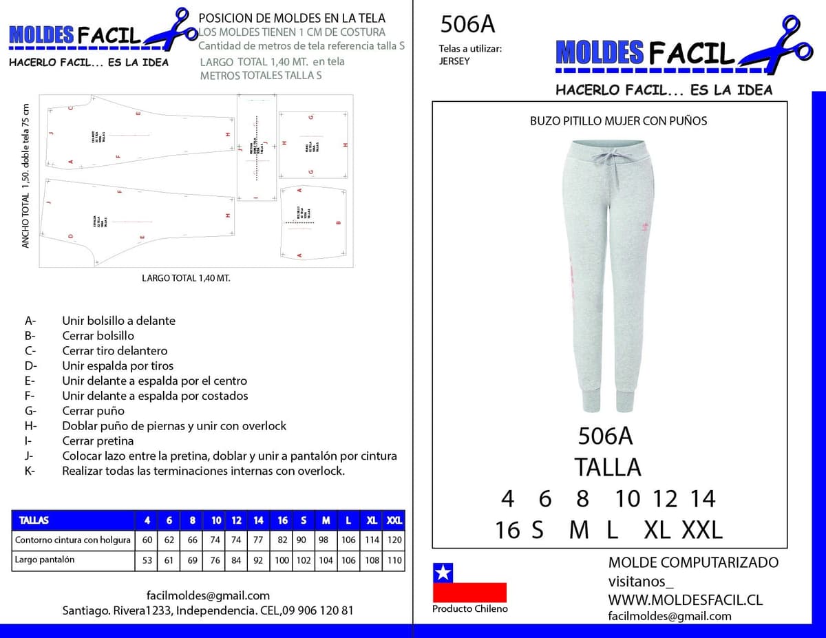 Patrón de costura Buzo pitillos mujer con puños — Moldes Fácil