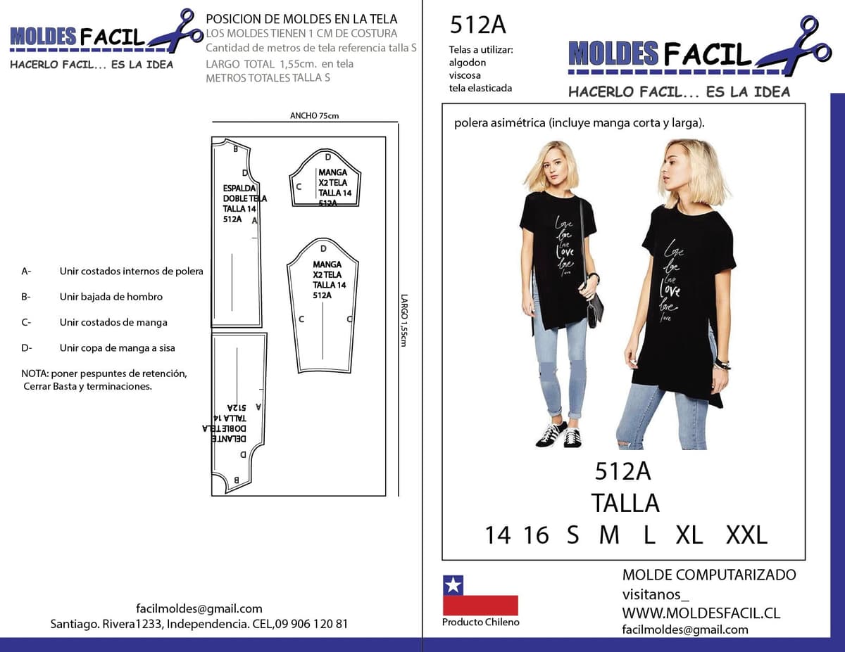 Patrón de costura POLERA ASIMETRICA (INCLUYE MANGA CORTA Y LARGA) — Moldes Fácil