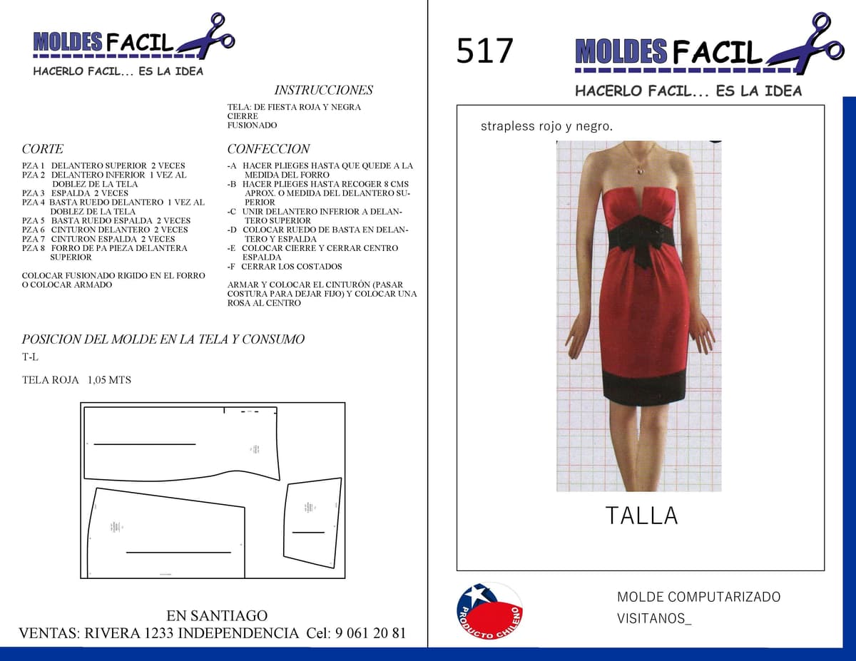 Patrón de costura Vestido Strapless Rojo Y Negro — Moldes Fácil