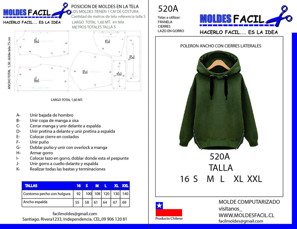 Patrón de costura POLERON ANCHO CON CIERRES LATERALES — Moldes Fácil
