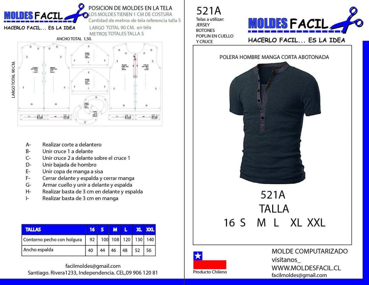 Patrón de costura POLERA HOMBRE MANGA CORTA ABOTONADA — Moldes Fácil